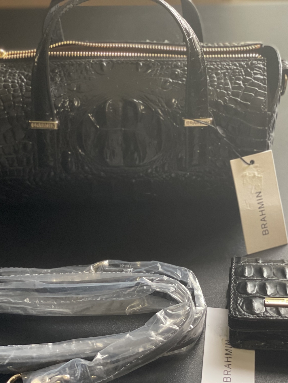 Brahmin Black Croc-Embossed Satchel with Gold Hardware And Wallet